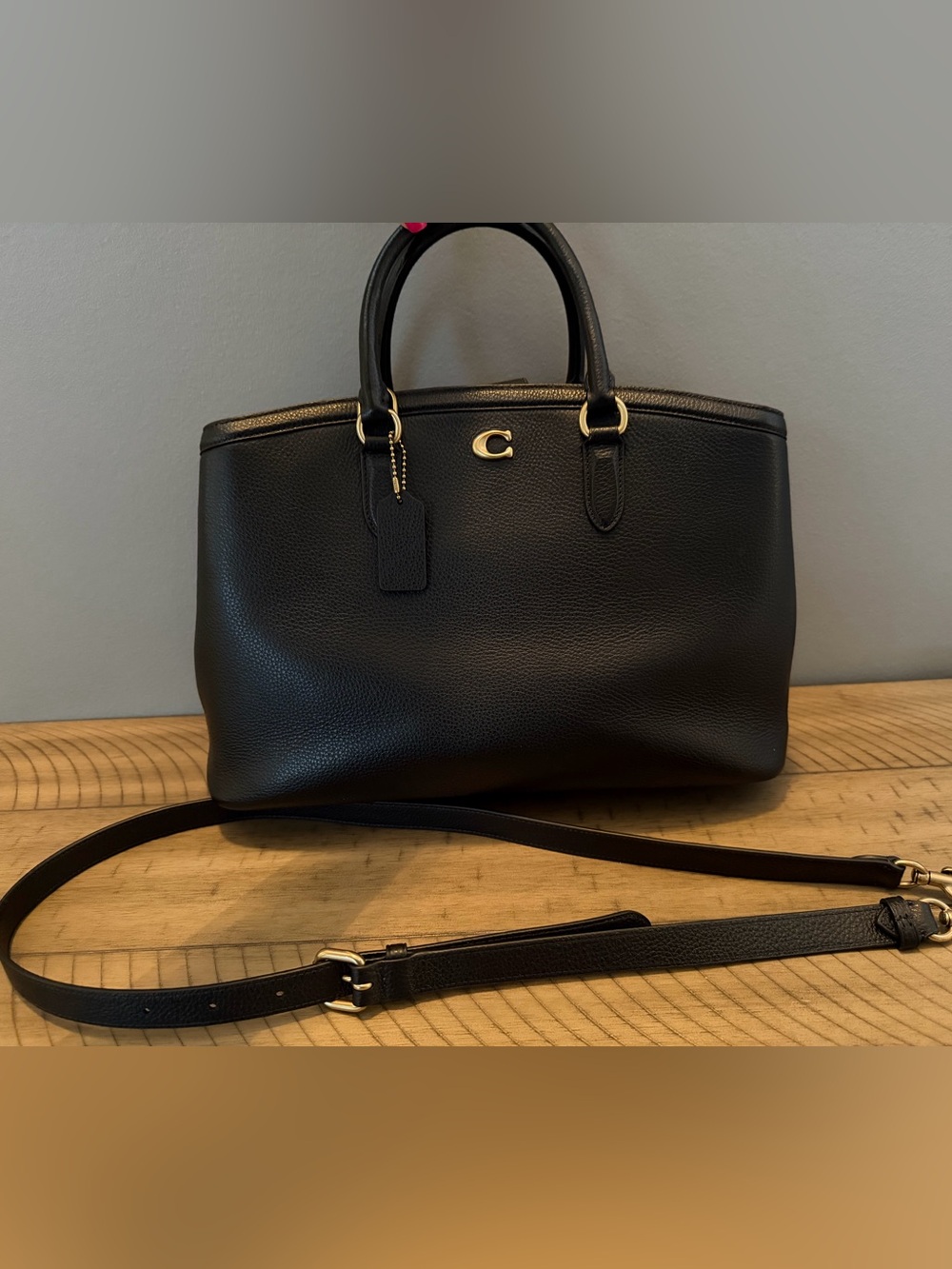 Large Coach Black Pebbled Leather Satchel with Gold Accent